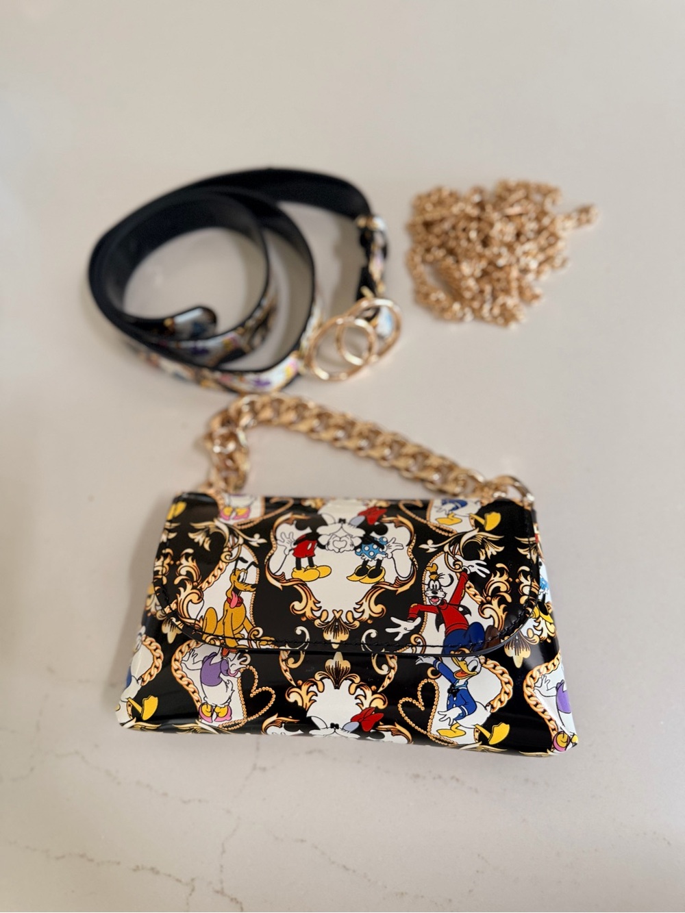Aldo Black Glossy Disney Print Crossbody with Gold Chain
